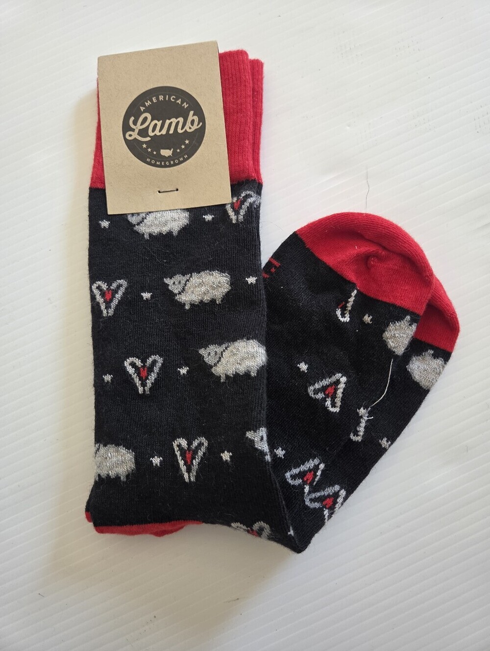 New Sock Club American Lamb Merino Wool Blend Socks, Black & Red Sheep Heart Pat - Picture 2 of 4